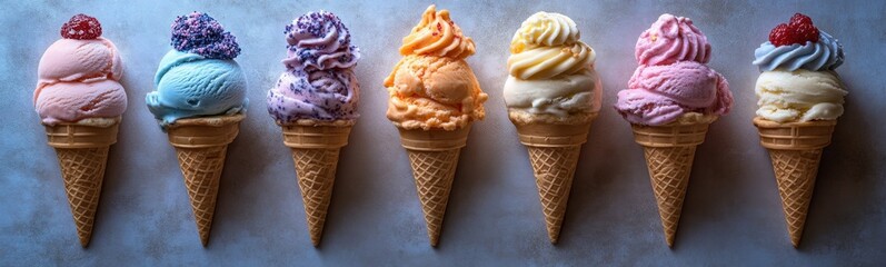 Ice cream cones with different flavors  food background banner