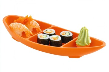 Vibrant sushi platter featuring shrimp, rolls, and wasabi in a playful orange dish