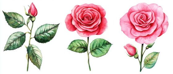 Watercolor Roses Illustration on White Background; Three Pink Rose Flowers with Buds and Green Leaves; Botanical Art Style