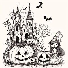 A young witch stands proudly beside a large, carved pumpkin, her joyful gaze directed at the viewer, amidst a whimsical castle and scattered pumpkins against a stark white background.
