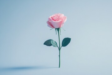 Single pink rose stands tall against a light blue background studio shot floral beauty romantic gift love concept