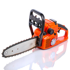 Fototapeta premium Orange Chainsaw Powerful Cutting Tool for Woodworking and Lumberjack on transparent background
