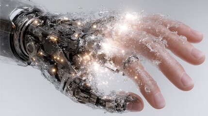 Fototapeta premium Robotic Hand Human Hand Merge in Water.