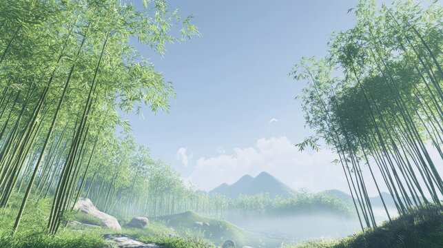 A serene bamboo forest with a clear sky and distant mountains