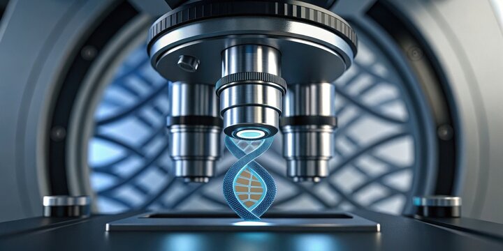 A high-tech laboratory setting with a focused engineer examining a tiny, glowing medical sensor under a microscope, symbolizi