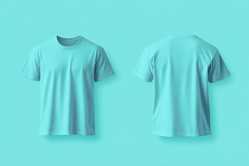 Naklejka premium Two turquoise t-shirts front and back view on a matching background studio shot for fashion apparel mockup
