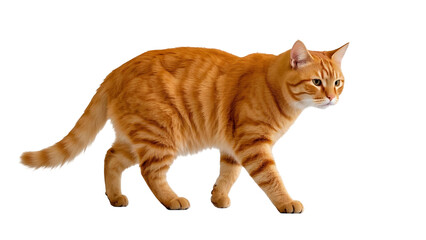 Fototapeta premium Ginger tabby cat walking across isolated on white background. PNG transparent, 