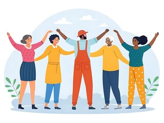 Obraz premium illustration of people in diverse outfits joining arms, symbolizing Cooperatives Day, inclusive and clean design on transparent background