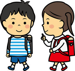 ランドセルを背負って話しながら歩く小学生男女