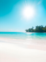 Fototapeta premium Bright midday tropical scene, turquoise water reflecting sun, flawless white beach
