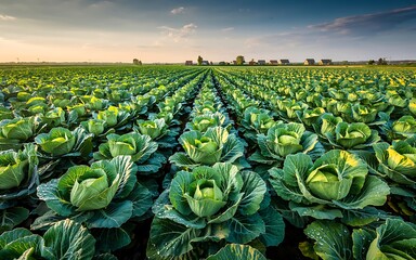 Fototapeta premium Serene Sunset over Lush Cabbage Field A Captivating View of Agricultural Abundance and Natural Beauty