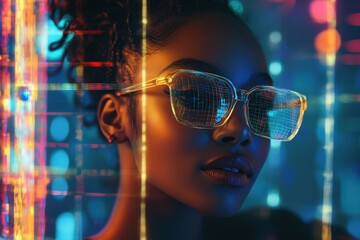 Naklejka premium Close-up portrait of a woman wearing futuristic glasses.