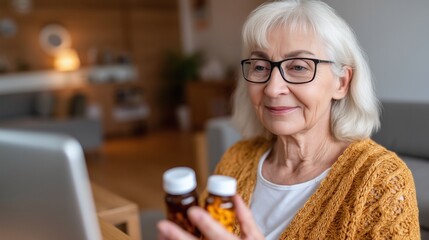 An elderly woman holds up pill bottles during a video call on her laptop at home. Telemedicine appointment for senior adult patient discussing medication and health care.