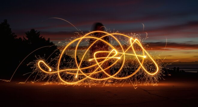 Light Painting Fun Sparkler Trails at Sunset. - Powered by Adobe