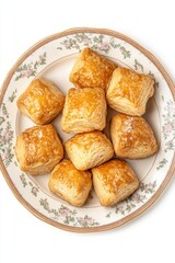 Overhead view of golden homemade puff pastry squares on a vintage floral plate against a white background in bright studio lighting