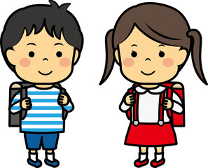 ランドセルを背負う小学生男女