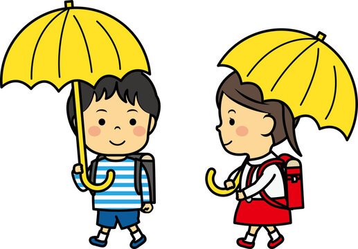 傘をさす小学生男女