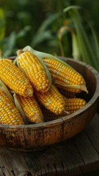 A vibrant display of fresh yellow corn cobs arranged in a rustic wooden bowl, showcasing the beauty of agricultural produce and seasonal offerings.