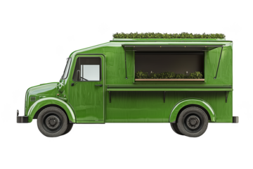 Green food truck with an open serving window. Png, Transparent background.