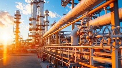 Fototapeta premium Realistic rendering of a gas refinery with overhead steel pipes intersecting at sharp angles, towers built close together on the right edge, empty dirt terrain on the left with subtle grass,