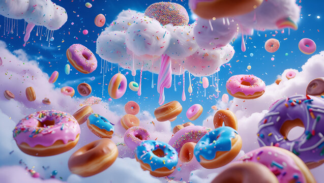  Imagine a dreamlike sky filled with floating doughnuts, cotton candy clouds, and raining sprinkles. A magical world where the atmosphere itself is dessert.