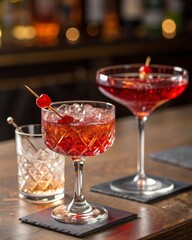 Sophisticated Red & Amber Cocktails with Cherry Garnish in Elegant Glow