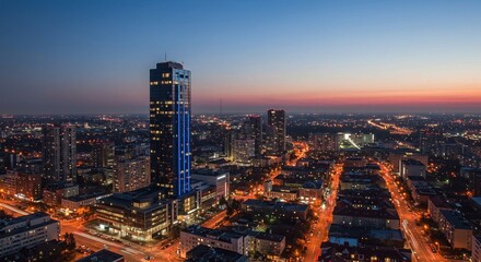 The tall and modern skyscraper, distinguished by its blue illuminated outline, stands as a focal point in the vibrant urban scene at dusk