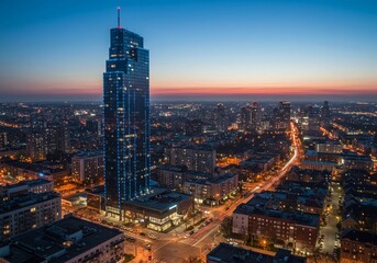 Obraz premium A majestic view of a modern skyscraper, its blue lights contrasting with the orange city lights and the hues of the twilight sky