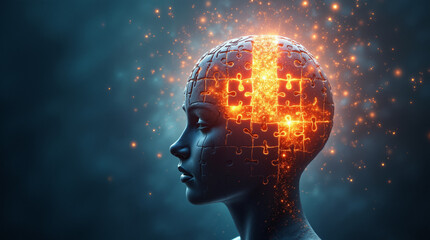 The image shows a woman's head with a jigsaw puzzle piece in the shape of a human head