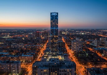 The modern architectural marvel, a tall skyscraper with distinctive blue illumination, rises above the dense urban environment at dusk or dawn
