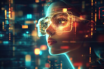 Futuristic woman wearing augmented reality glasses.