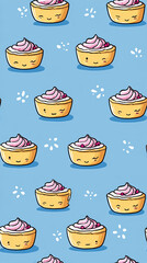 Cute kawaii tart pattern with smiling faces and pink cream on blue background, creating cheerful and playful seamless design for fun textile or wallpaper