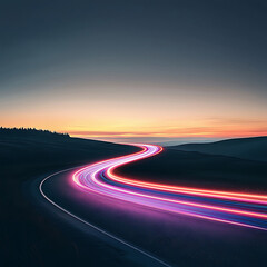 Night road with light trails, and sunset.