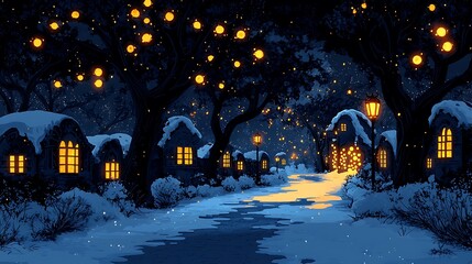 Winter village scene illuminated at night