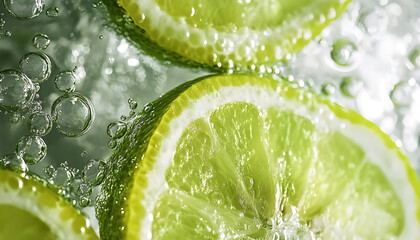 Soda water with lemon slices against white background, closeup