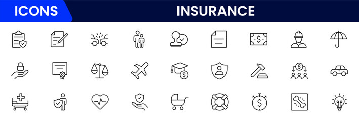 Insurance and assurance icon set. Containing healthcare medical, life, car, home, travel insurance icons.