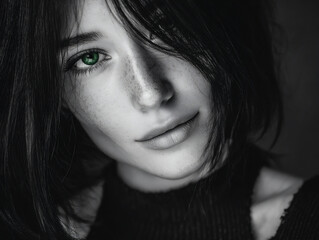 Fototapeta premium a young woman's black and white profile portrait with her emerald green eyes as the sole color element, creating a captivating focal point