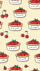 Cute kawaii cherry pie pattern with smiling faces and fresh cherries on light background, creating playful and cheerful dessert themed design