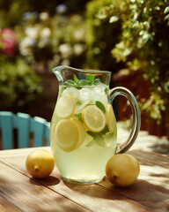 Homemade lemonade in a glass pitcher with lemon slices and mint