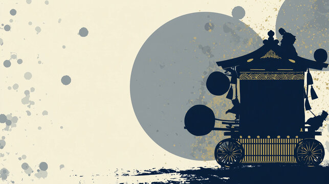A modern minimalist greeting card showing a stylized illustration of a Gion Matsuri float in silhouette style 