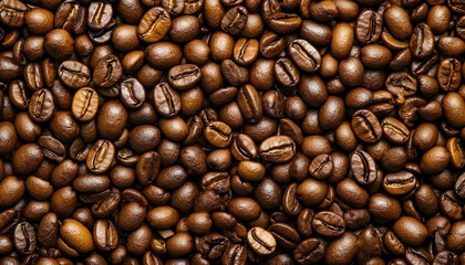 Obraz premium Many roasted coffee beans on white background, top view