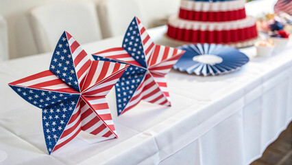 Fototapeta premium Celebrate independence day with patriotic decorations: american flag stars and festive table setting