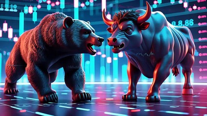 Bear and bull statues facing off on glowing stock market chart background with digital graphs and neon lights - Powered by Adobe