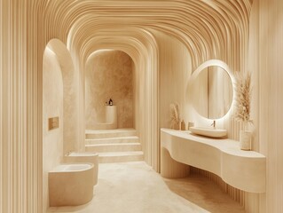 Serene beige bathroom with curved walls, minimalist vanity, and round mirror