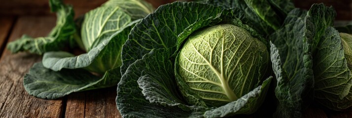 Fototapeta premium Fresh Cabbage Head With Vibrant Outer Leaves Resting on a Rustic Wooden Table