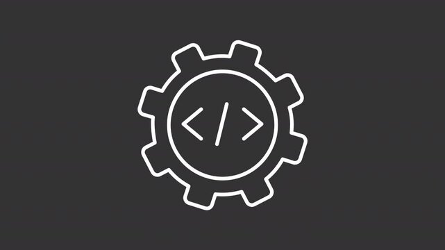 Programming white line animation. Software development animated icon. Spinning gear, rotating. Moving code brackets. Coding, cybersecurity. Isolated element on dark background. Alpha transparent video