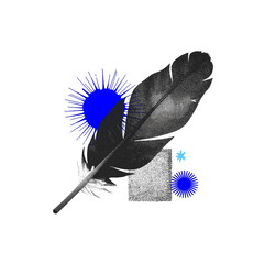 Black feather layered with blue and gray abstract shapes, retro pop art transparentPNG design.
