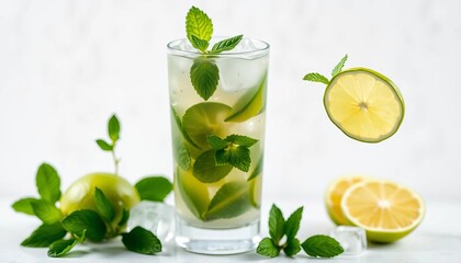 Refreshing mojito cocktail in tall glass, lime, mint, ice White background,  citrus,  ice cubes
