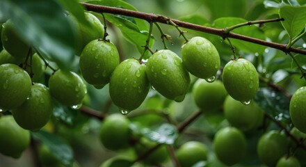 Green plums on branch glistening after rain Fresh with raw, and natural.