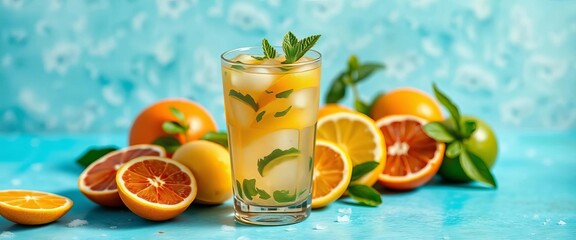 Refreshing mojito cocktail garnished with citrus fruits on a bright background, lime, glass